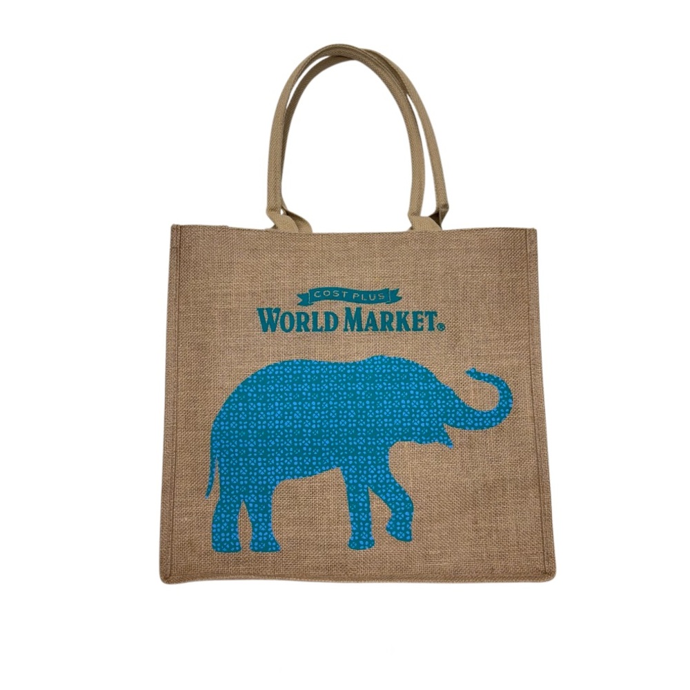 World Market Blue Elephant Print Tan Jute Tote Bag With Round Top Handle
